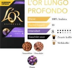 L'OR Lungo Profondo Koffiecups - Intensiteit 8/12 - 10 X 10 Capsules -KoffieLuxe Aanbiedingen Winkel 1200x1140
