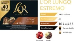 L'OR Lungo Estremo Koffiecups - Intensiteit 10/12 - 4 X 40 Capsules -KoffieLuxe Aanbiedingen Winkel 1200x676