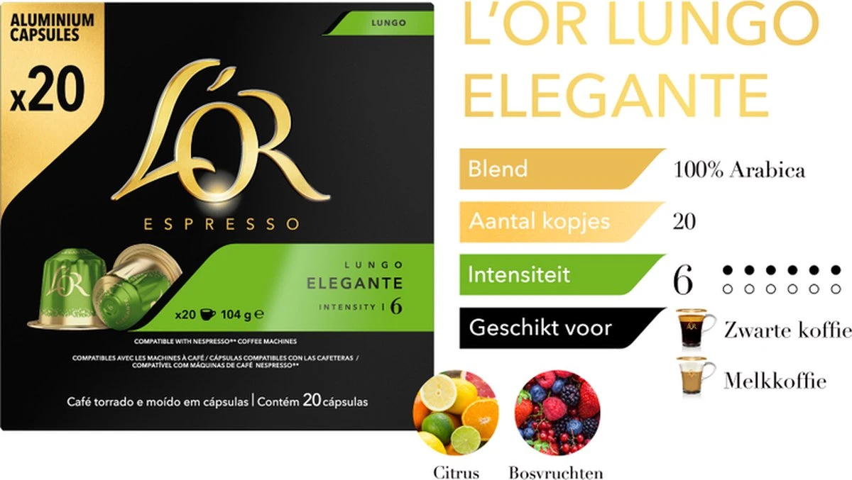 L'OR Lungo Elegante Koffiecups - Intensiteit 6/12 - 10 X 20 Capsules 6 L'OR Lungo Elegante Koffiecups - Intensiteit 6/12 - 10 X 20 Capsules - Afbeelding 6