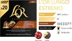 L'OR Lungo Estremo (10) - 10 X 20 Koffiecups -KoffieLuxe Aanbiedingen Winkel 1200x678 1