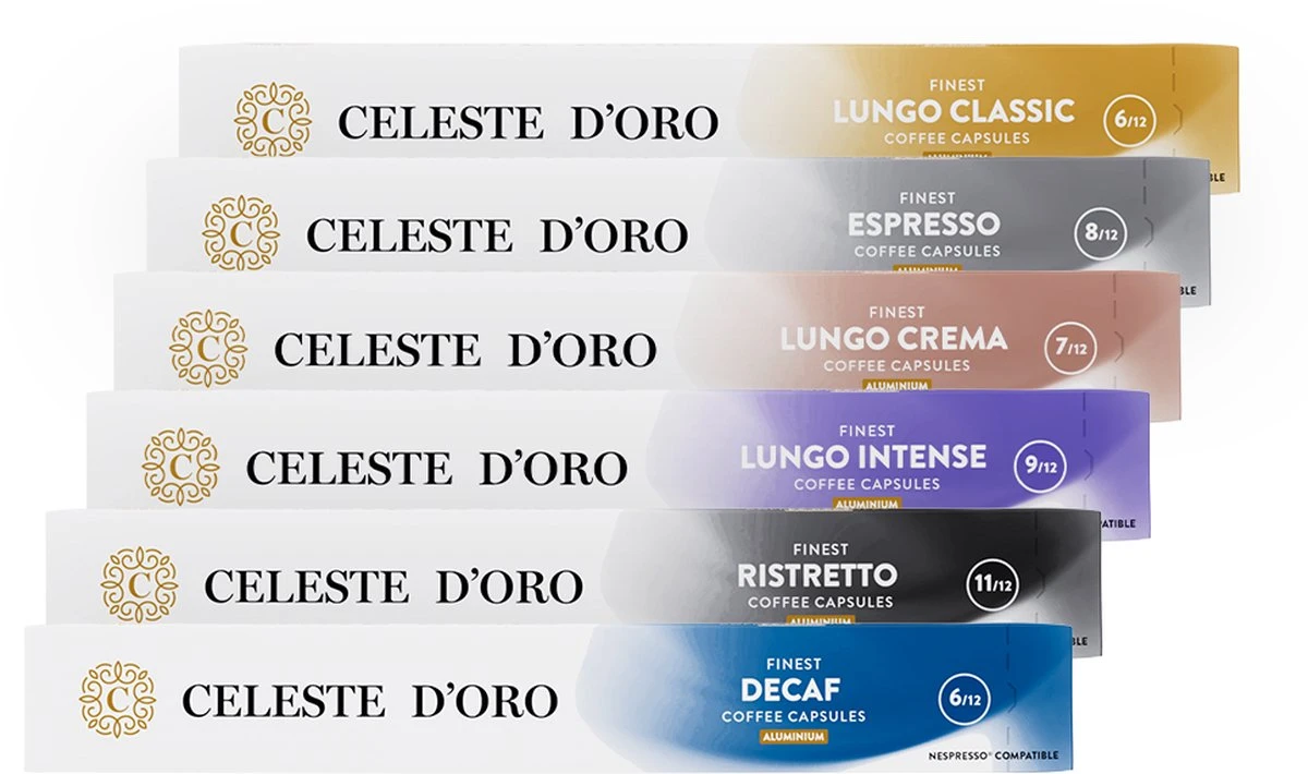 Celeste D’Oro - Koffiecups - Nespresso Compatibel Proefpakket - Oriëntatiepakket - Lungo, Espresso En Meer - 60 Cups 1 Celeste D’Oro - Koffiecups - Nespresso Compatibel Proefpakket - Oriëntatiepakket - Lungo, Espresso En Meer - 60 Cups