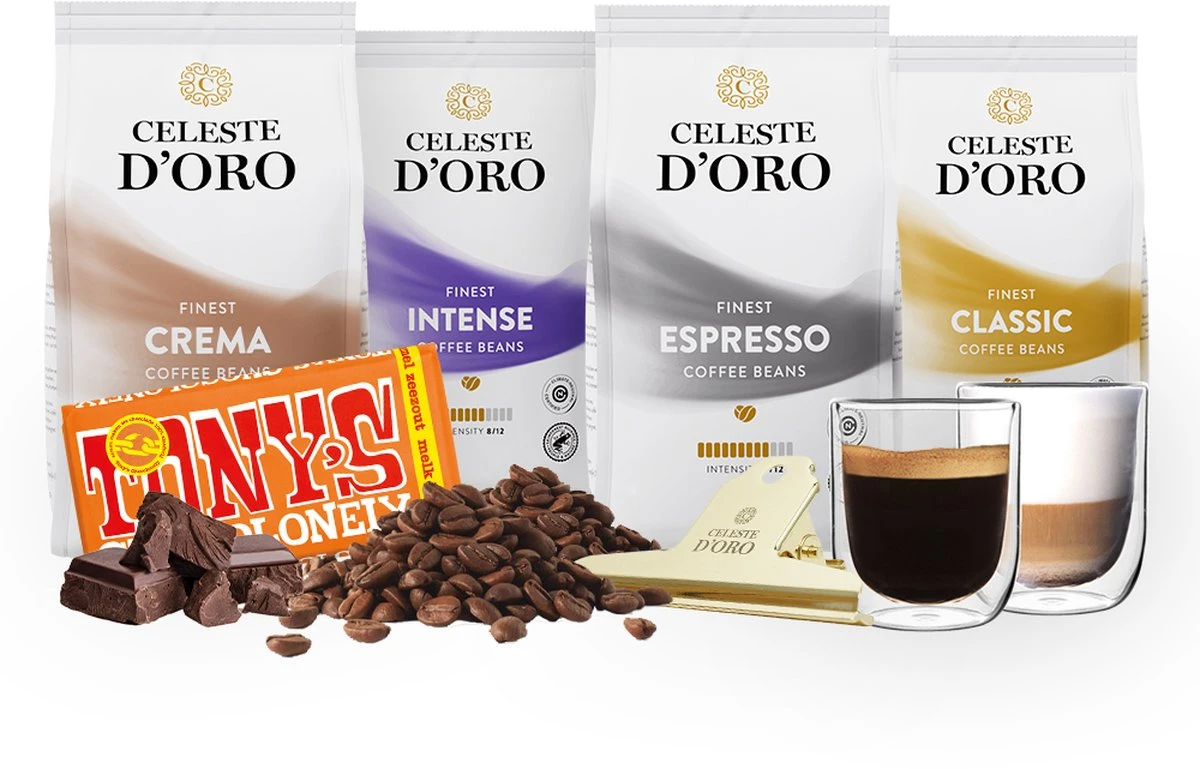 Celeste D’Oro - Koffiebonen Proefpakket - Koffie Cadeaupakket - 4 Soorten Koffie, Chocolade, Gouden Clip En Glazen (260 Ml) – 4 X 250g 1 Celeste D’Oro - Koffiebonen Proefpakket - Koffie Cadeaupakket - 4 Soorten Koffie, Chocolade, Gouden Clip En Glazen (260 Ml) – 4 X 250g