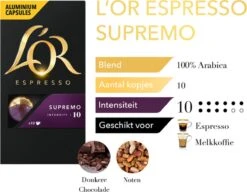 L'OR Espresso Supremo Koffiecups - Intensiteit 10/12 - 10 X 10 Capsules -KoffieLuxe Aanbiedingen Winkel 1200x933