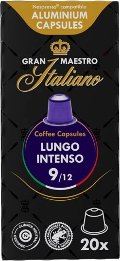 Gran Maestro Italiano - Lungo Intenso - Koffiecups - Nespresso Compatibel Capsules - Krachtige Smaak - 6 X 20 Cups -KoffieLuxe Aanbiedingen Winkel 552x1200