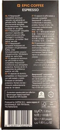100 Capsules Epic Coffee - Espresso - Nespresso® Compatible Aluminium Capsules - RFA Keurmerk - Doos 100 Stuks -KoffieLuxe Aanbiedingen Winkel 556x1200