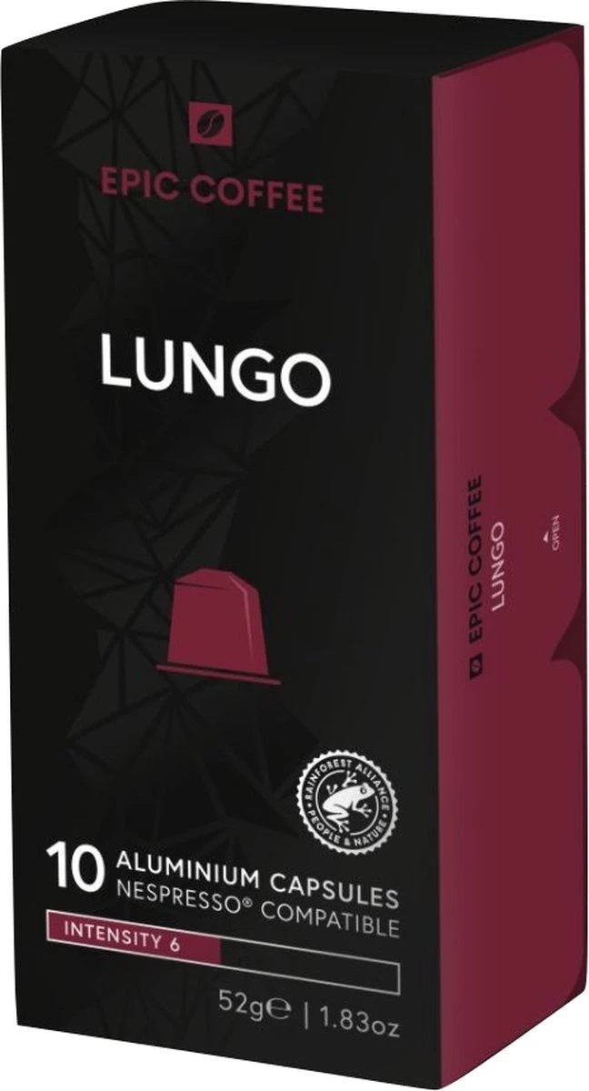 100 Capsules Epic Coffee - Lungo - Nespresso® Compatible Aluminium Capsules - RFA Keurmerk - Doos 100 Stuks 1 100 Capsules Epic Coffee - Lungo - Nespresso® Compatible Aluminium Capsules - RFA Keurmerk - Doos 100 Stuks