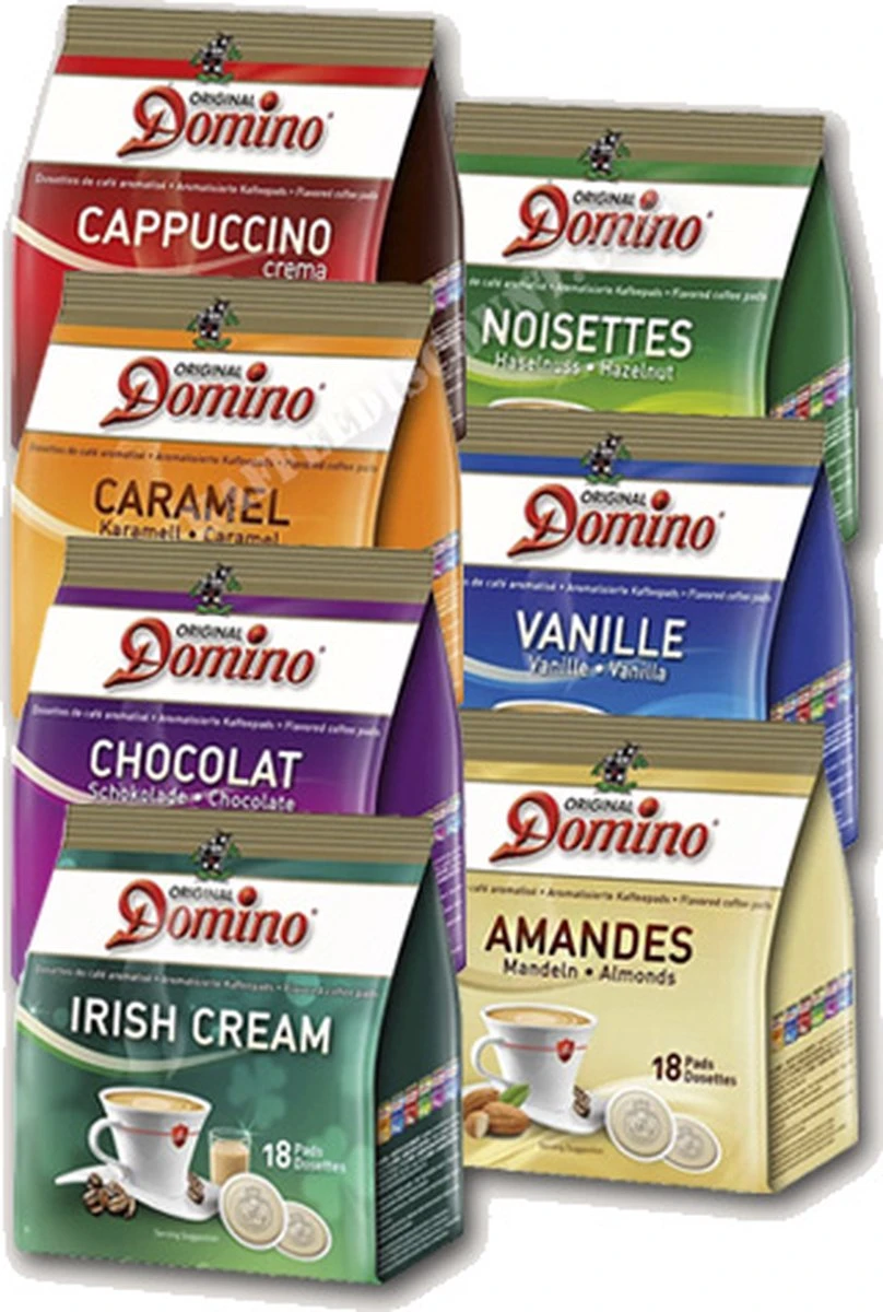 Domino Proefpakket Amandel, Caramel, Cappuccino, Chocolat, Irish Cream, Noisettes En Vanille - Koffiepads - 7 X 18 Pads 1 Domino Proefpakket Amandel, Caramel, Cappuccino, Chocolat, Irish Cream, Noisettes En Vanille - Koffiepads - 7 X 18 Pads